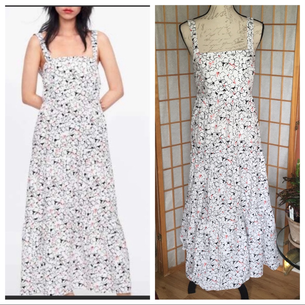 ZARA Floral Tiered Sundress White Black Red Small
